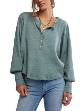 Free People Sage Green Waffle Quinn Henley Dolman Pillow Sleeve Button Henley